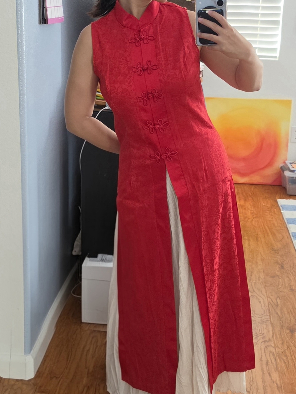 Vintage Sally USA Red Duster Vest Dress Cheongsam Qipao Frog Closure Slits Small